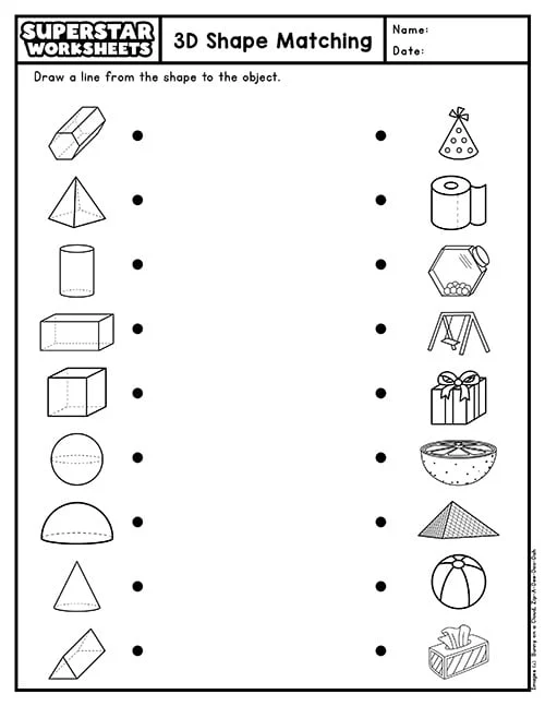 Kindergarten worksheet showing matching and coloring 3D shapes for early geometry skills