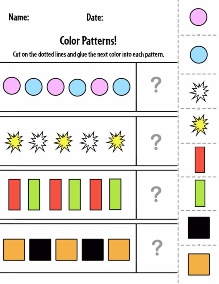 Engaging physical science color patterns activity for pre-kindergarten students, worksheet 11 Children practicing color patterns with shapes on a worksheet for early learners