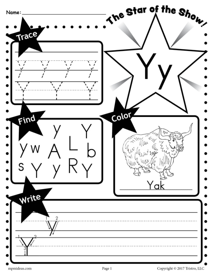 Preschool worksheet featuring the letter Y with coloring activities for early learners