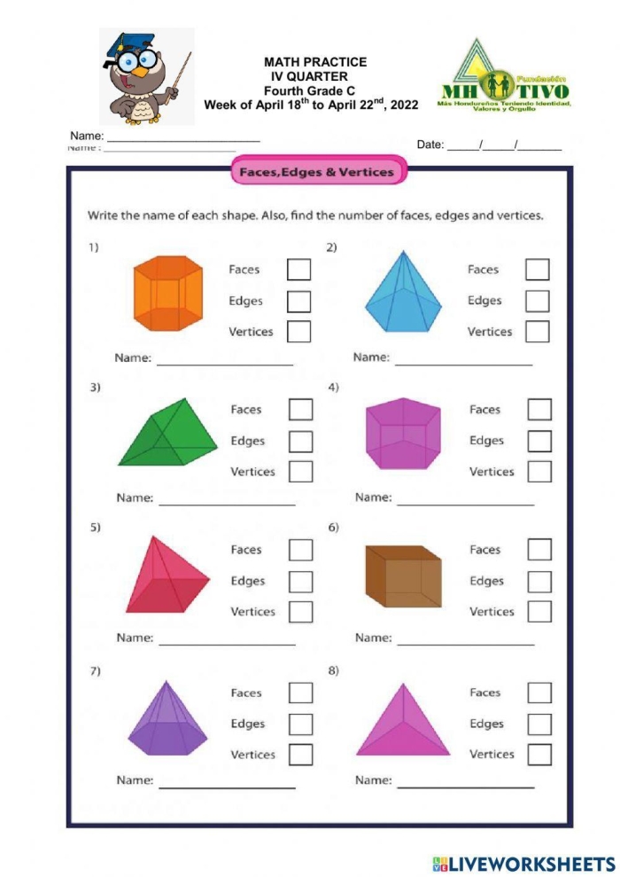 Fourth grade addition worksheet featuring geometric solid shapes for early math learning