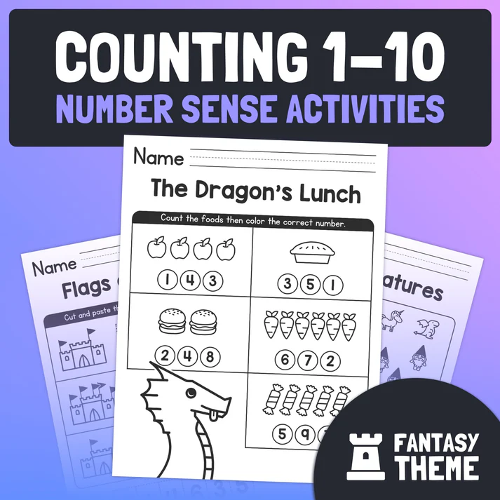Counting and ordering numbers 1-10 using manipulatives for kindergarten learners Kindergarten worksheet featuring counting manipulatives with numbers 1 to 10 for early math skills