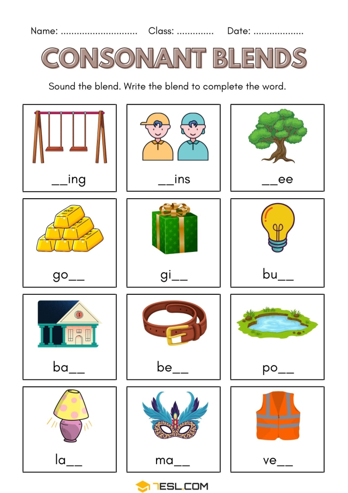 Subtraction category blending consonants worksheet for young learners image 1 First Grade phonics worksheet focusing on blending consonants for early readers