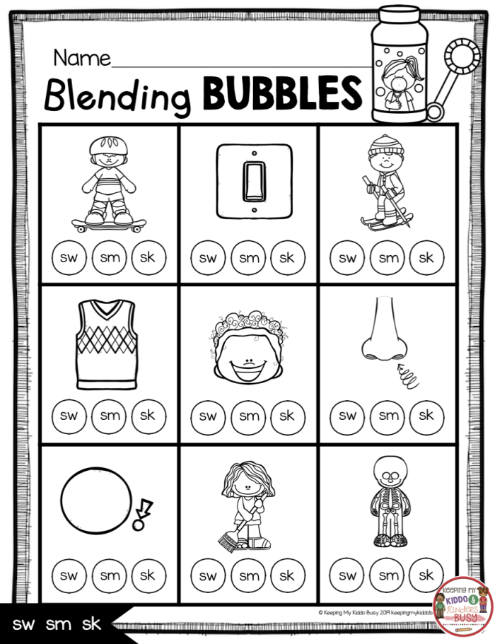 Blending consonants activity worksheet for subtraction category, image 21 First Grade phonics worksheet focusing on blending consonants for early readers