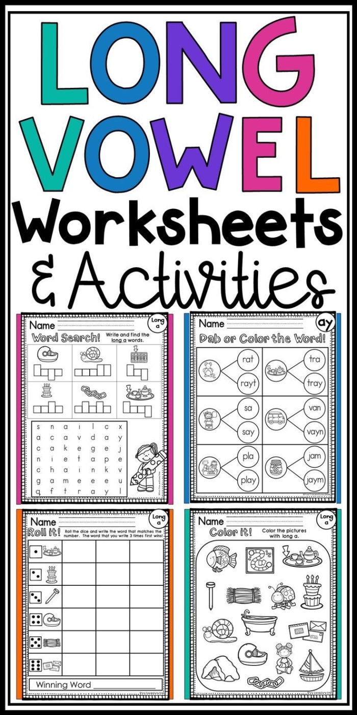 Preschool Long Vowel Hunt worksheet with colorful illustrations for early reading