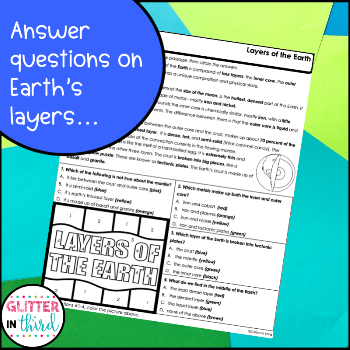 Color the Earth's Layers activity sheet for young learners to explore earth science Second Grade worksheet showing Color the Earth's Layers with decimals
