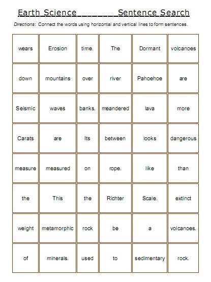 Second Grade Earth Science Vocabulary worksheet featuring a chart of Earth's features