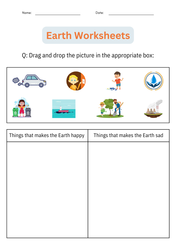 Second grade earth science vocabulary worksheet featuring a colorful chart about planet Earth's features