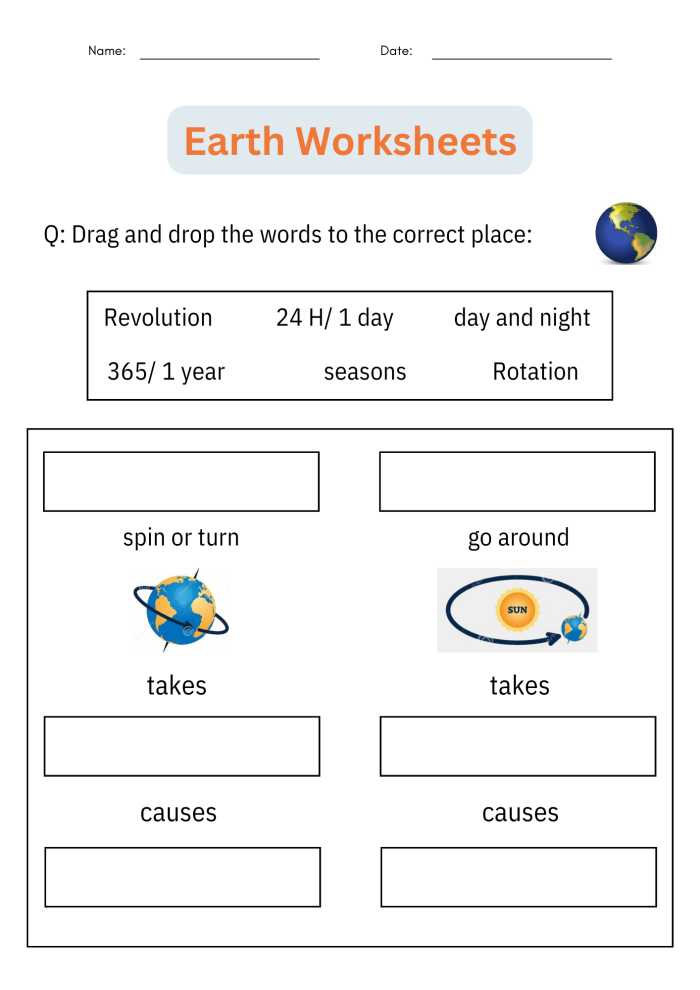Second Grade Earth Science Vocabulary worksheet showing key planet earth features in a simple chart