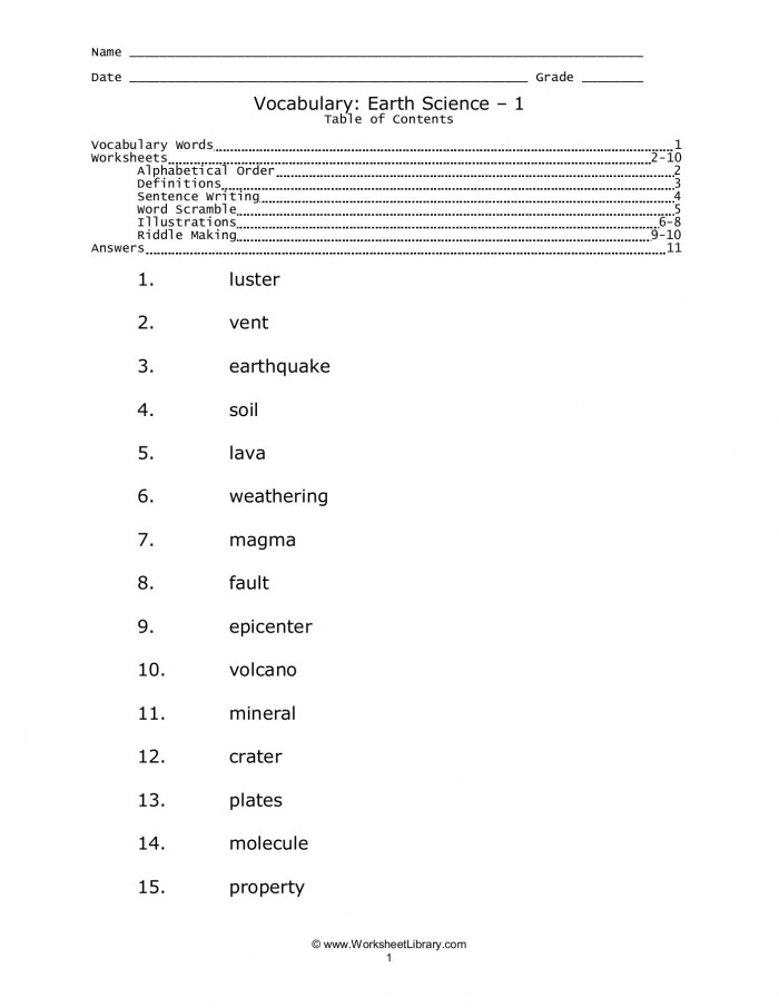 Second grade Earth Science Vocabulary worksheet featuring a colorful chart of Earth's features