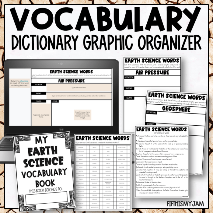 Second Grade Earth Science Vocabulary worksheet showing planet earth features and data charts