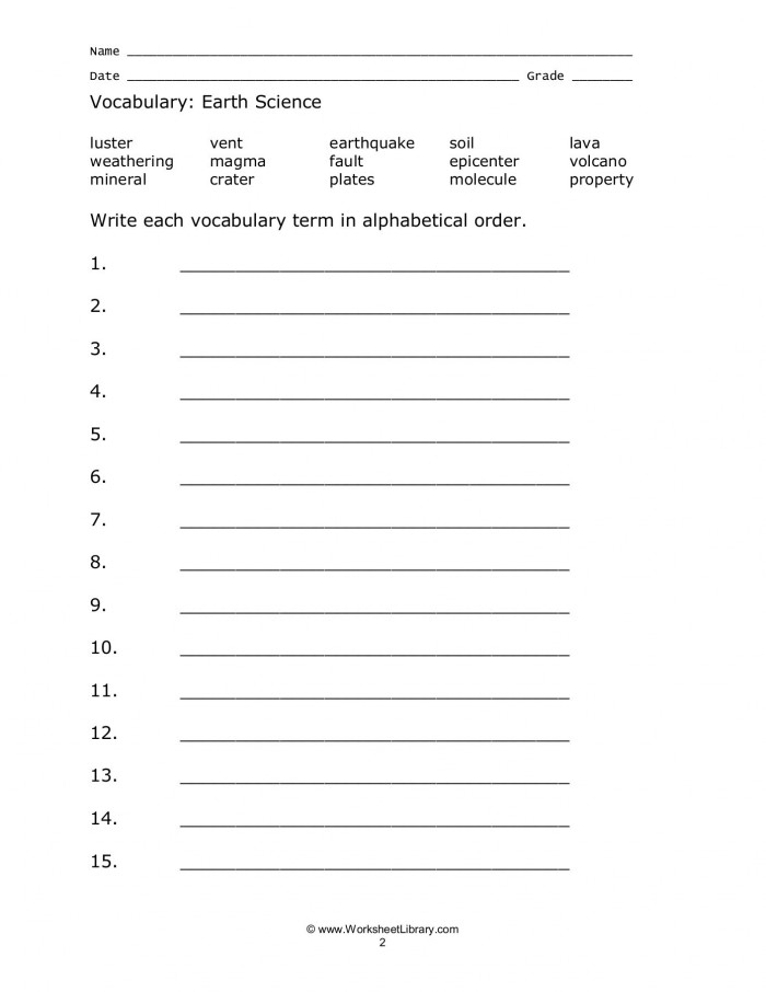 Second grade Earth Science Vocabulary worksheet showing a colorful chart of Earth's features