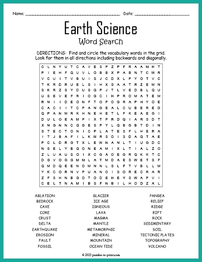 Second Grade Earth Science Vocabulary worksheet featuring a colorful chart about Earth's features
