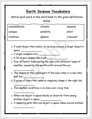 Second Grade Earth Science Vocabulary worksheet showing a colorful chart of planet Earth features