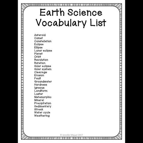 Second grade Earth Science Vocabulary worksheet showing a colorful chart of Earth's features