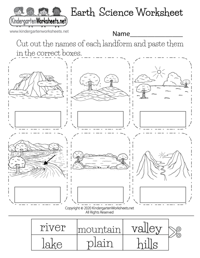 Second grade Earth Science Vocabulary worksheet showing planet Earth features and terms