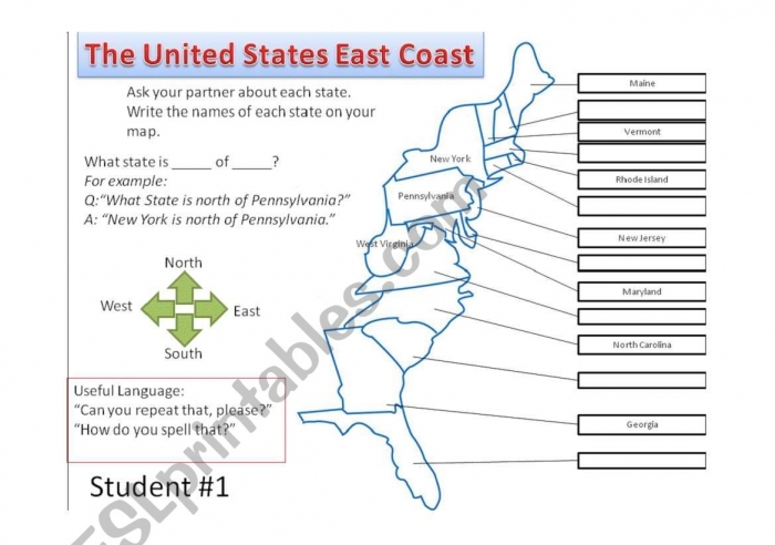 Worksheet on identifying and naming the states along the East Coast East Coast States worksheet for third graders to learn U.S. geography
