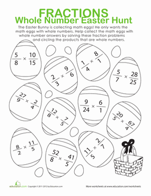 Easter Bunny fraction multiplication practice worksheet showing equations with whole number products for grade students