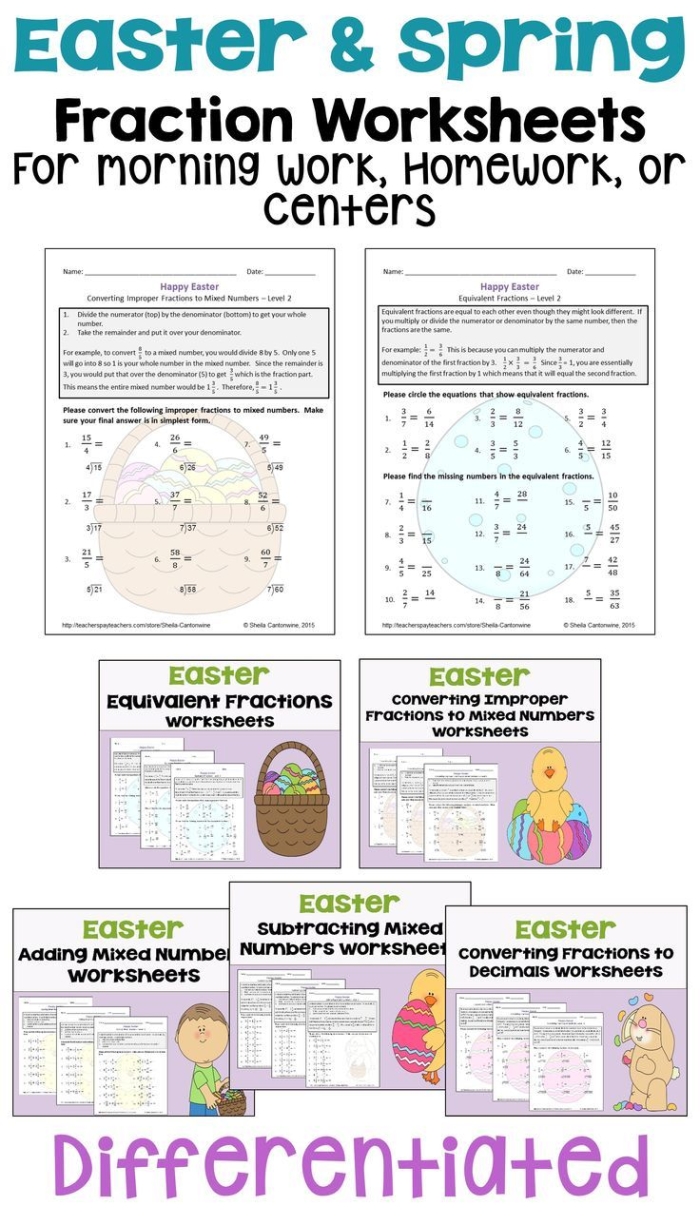 Easter Bunny fraction multiplication practice worksheet showing equations with whole number products for grade students