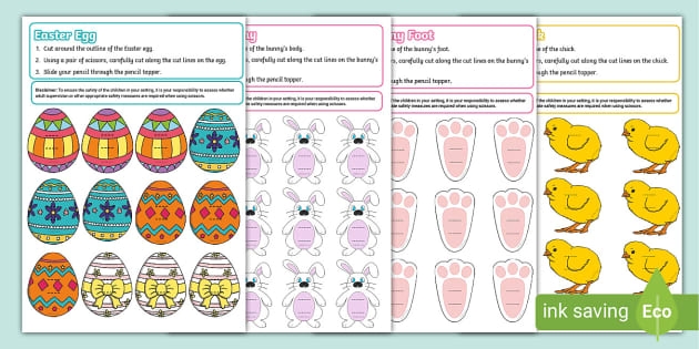 Fun Easter Egg Pencil Toppers activity sheet for kids in second grade Second Grade Easter Egg Pencil Toppers worksheet for coloring and cutting