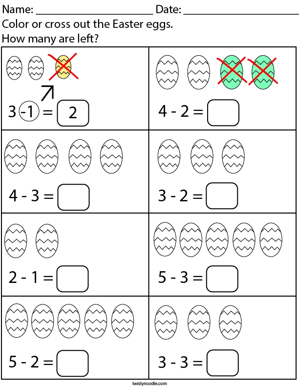 First Grade Easter Math worksheet featuring egg-themed subtraction problems