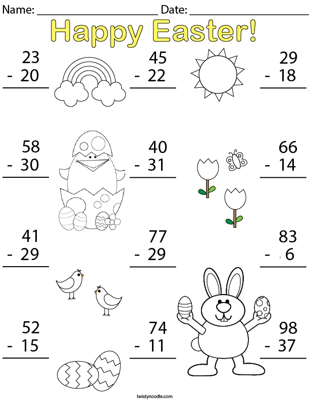 First Grade Easter Egg Subtraction Worksheet with colorful eggs for fun math practice