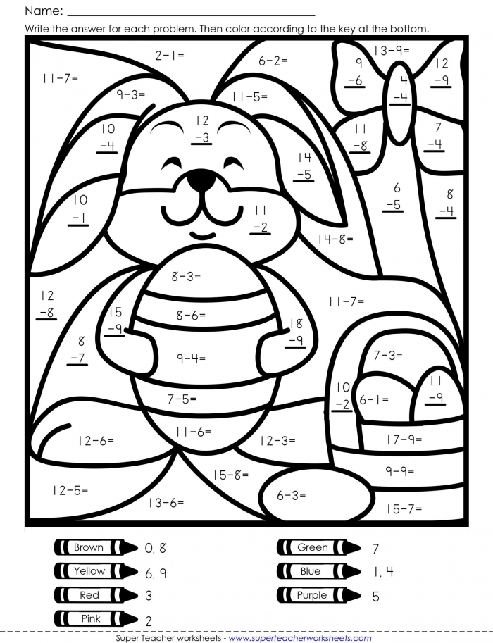 First grader practicing subtraction with colorful Easter eggs on worksheet