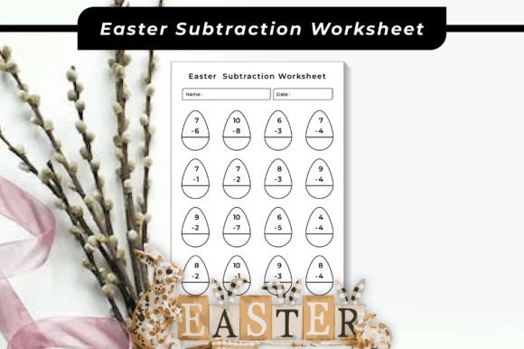 First grader practicing Easter-themed egg subtraction with colorful worksheet