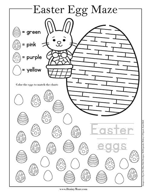 A colorful Easter eggs maze activity for preschool children learning place value concepts