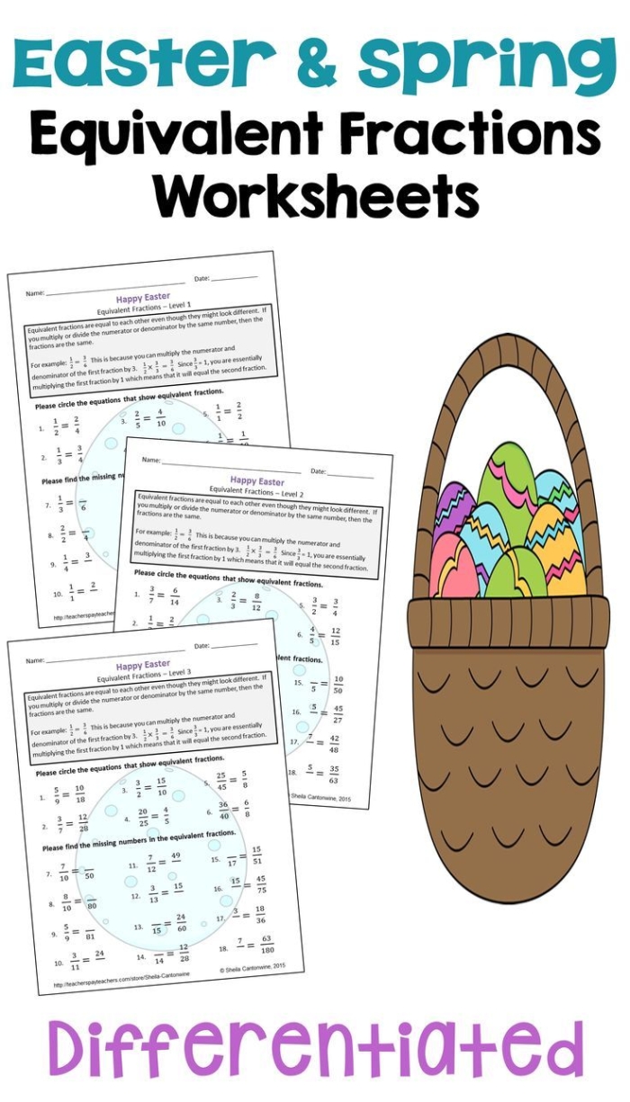Easter Bunny fraction multiplication worksheet showing equations with whole number products for elementary students to solve