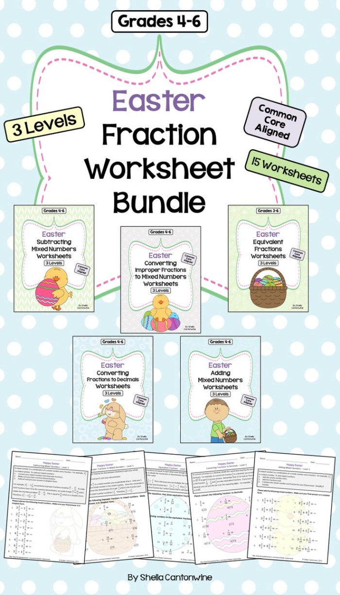 Easter Bunny fraction multiplication worksheet with equations showing fractions multiplied to create whole number products