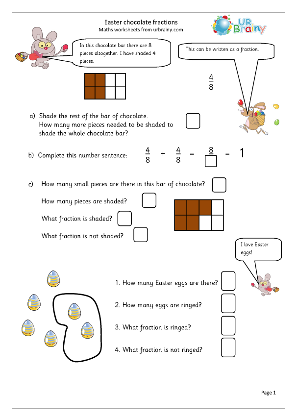 Easter Bunny fraction multiplication worksheet showing equations with whole number products for grade students