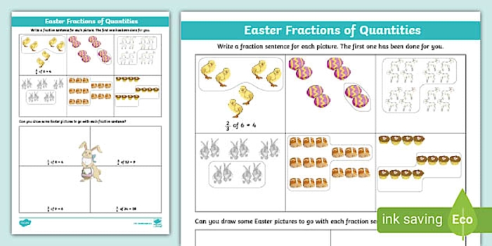 Easter Bunny fraction multiplication worksheet showing equations with whole number products for grade students to solve