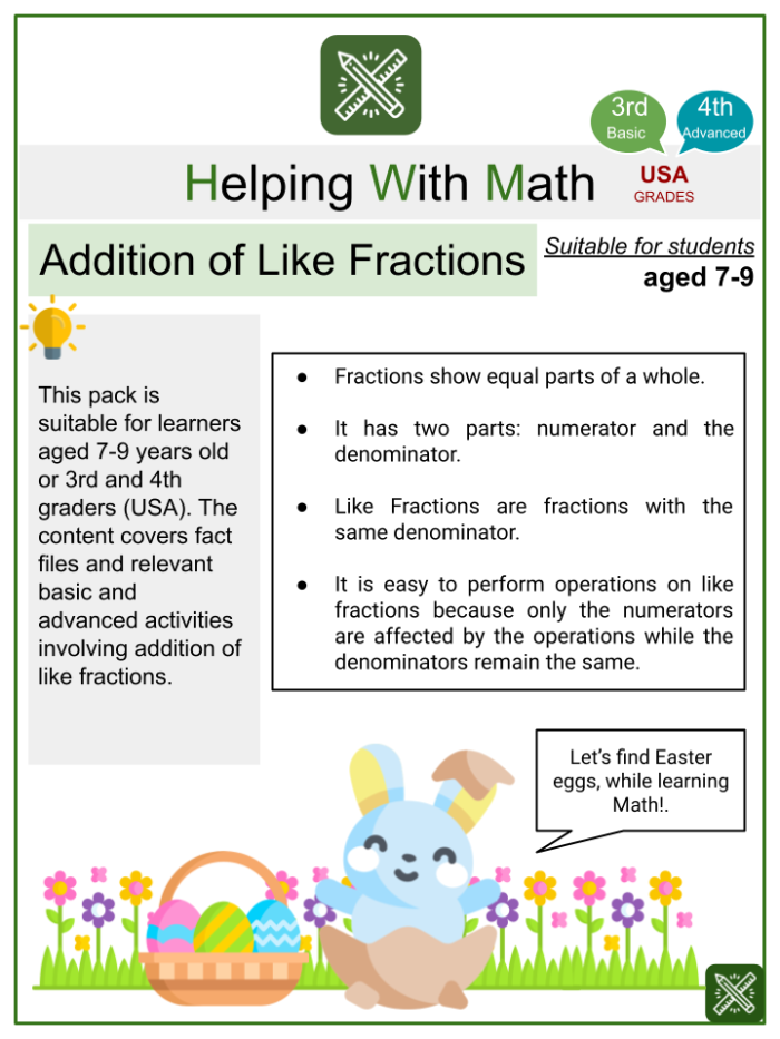 Easter Bunny fraction multiplication worksheet with equations showing fractions multiplied to equal whole numbers