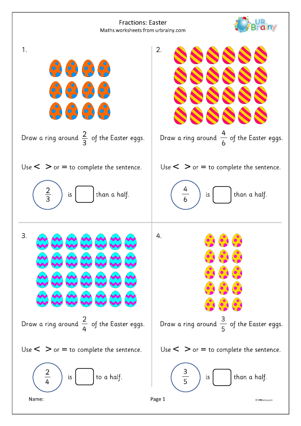 Easter Bunny fraction multiplication worksheet showing equations with whole number products for grade students