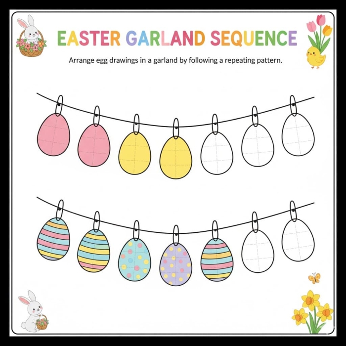 Second Grade Easter Garland worksheet featuring colorful eggs and numbers for counting