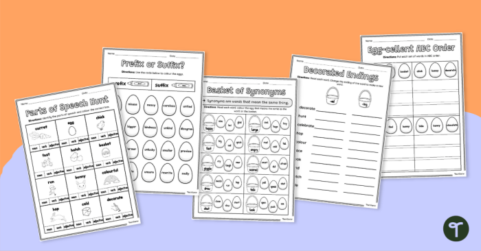 Colorful Easter Grammar worksheet focusing on nouns and adjectives for second graders