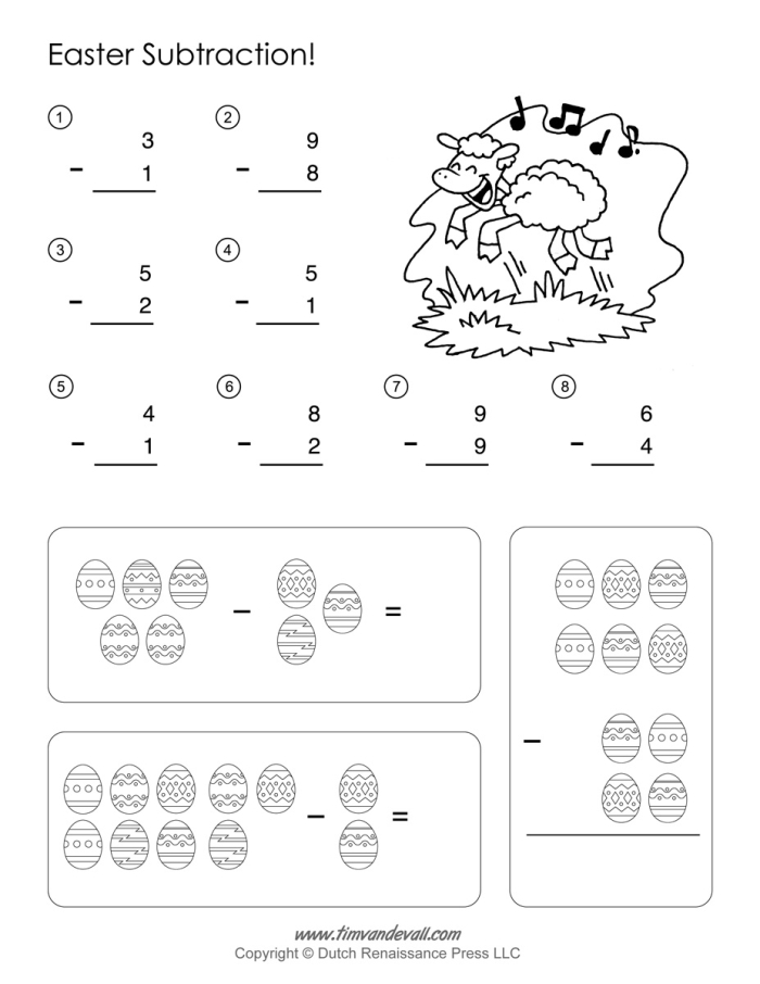 First Grade Easter Egg subtraction worksheet with colorful eggs and numbers
