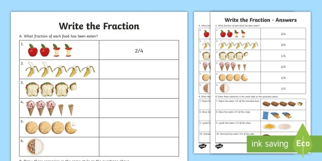 Visual representation of the Eating Fractions worksheet designed for third graders Third-grade students solving fraction word problems related to food on the Eating Fractions worksheet