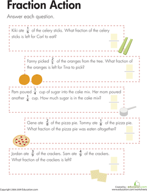 Engaging Eating Fractions worksheet for third graders to enhance their understanding of fractions Worksheet featuring fraction word problems with food illustrations for kids