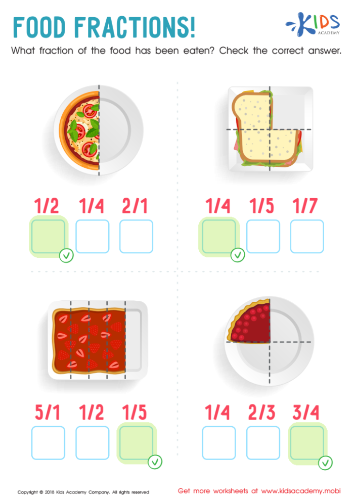 Engaging Eating Fractions worksheet for third graders focusing on food-related math problems Kids solving fraction word problems on an Eating Fractions worksheet featuring various foods