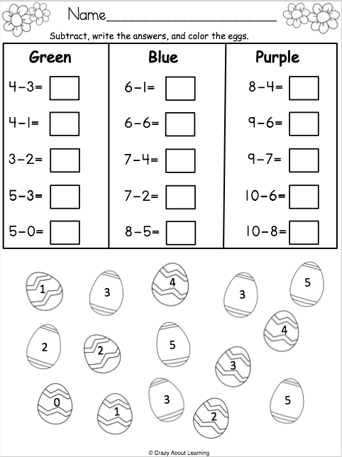 Easter-themed subtraction worksheet with colorful eggs for first graders