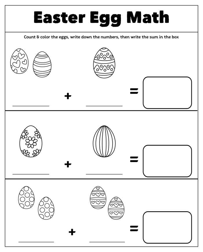 First Grade Easter Math worksheet featuring egg-themed subtraction problems