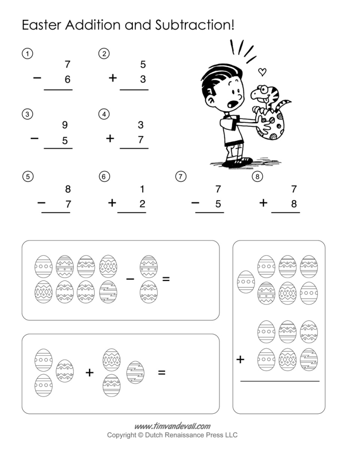 First grade Easter math worksheet featuring egg-themed subtraction problems