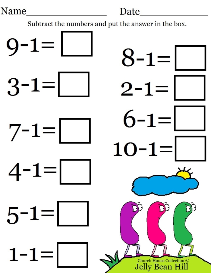 First Grade Easter-themed subtraction worksheet featuring colorful eggs for practice
