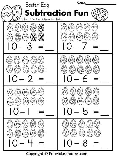 First Grade Easter Math worksheet featuring egg-themed subtraction problems for fun learning