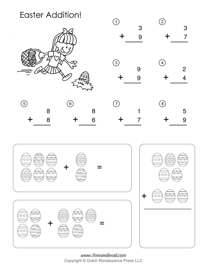 First Grade Easter Math worksheet focusing on egg-themed subtraction problems