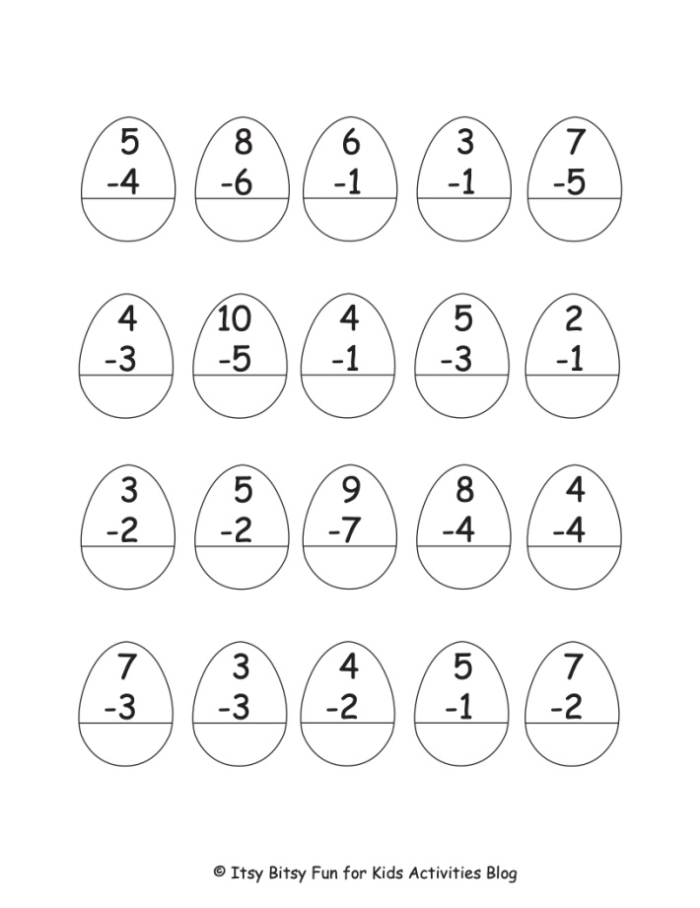 First Grade Easter Egg Subtraction worksheet with colorful eggs and numbers