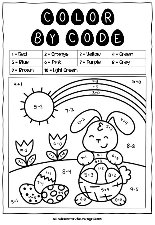 First Grade Easter Math worksheet featuring egg-themed subtraction problems