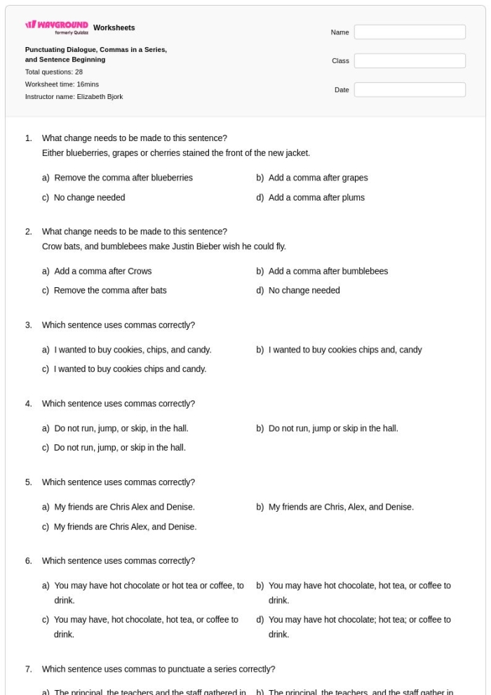 Punctuating a Pause: Commas and Dashes for Eighth Grade Students Worksheet on using commas and dashes to indicate pauses in writing