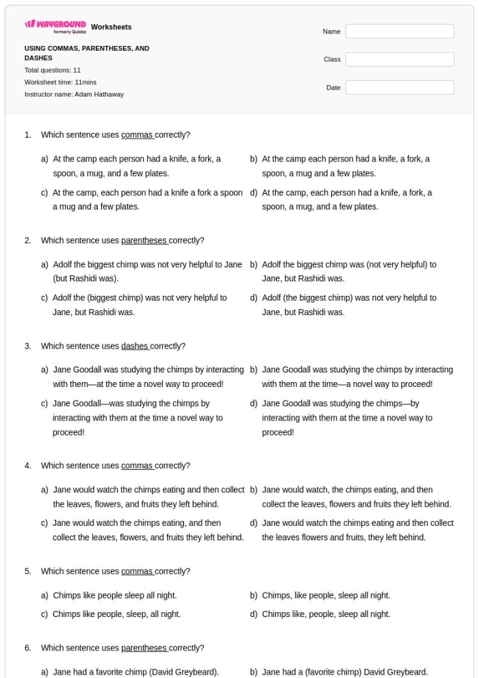 Punctuating a Pause: Commas vs. Dashes Worksheet for Eighth Grade Students Worksheet illustrating the use of commas and dashes to indicate pauses in writing